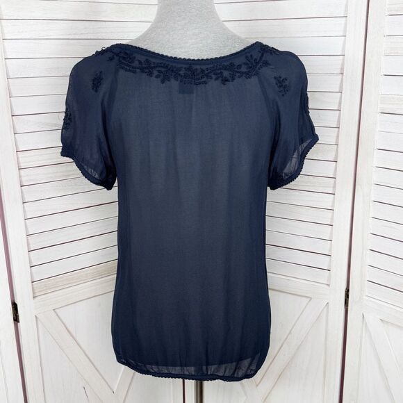 Lucky Brand Embroidered Sheer Chiffon Tee Shirt Navy Blue XS - Picture 4 of 11